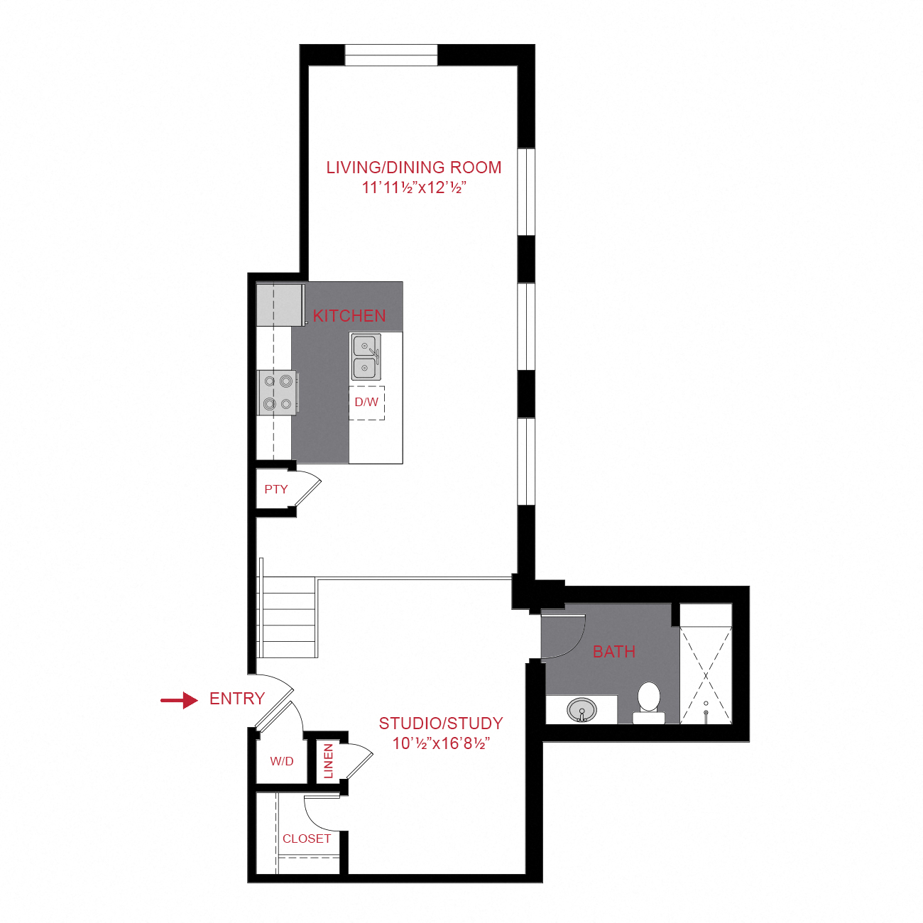 Floor plan for 1 bed, 1 bath, 832 sqft